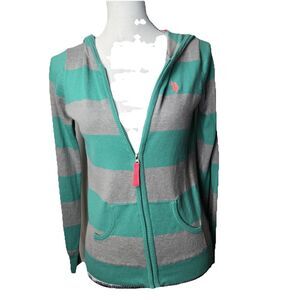US Polo Assn Striped Cotton Blend Fitted Hooded Zip Cardigan Medium
